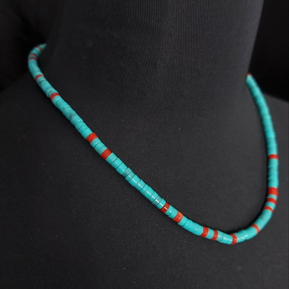 Vintage turquoise and coral heishi bead necklace